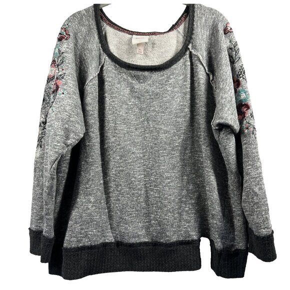 Knox Rose Tops - Knox Rose Women Top‎ XL Embroidered Floral Raw Edges Raglan Sleeve Pullover Gray